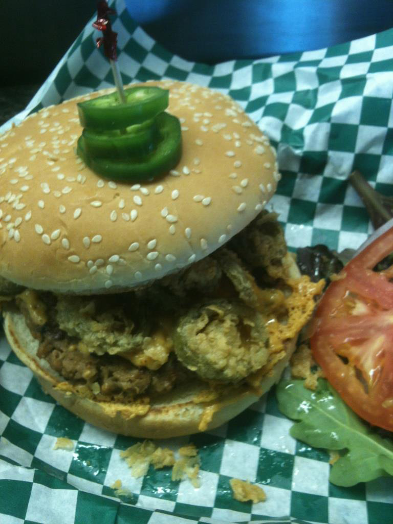 A vegan jalapeno cheddar veggie burger from one of my favorite restaurants, Bean Vegan Cuisine. Note the name of the restaurant is Bean Vegan Cuisine, not Bean Plant Based Cuisine.
