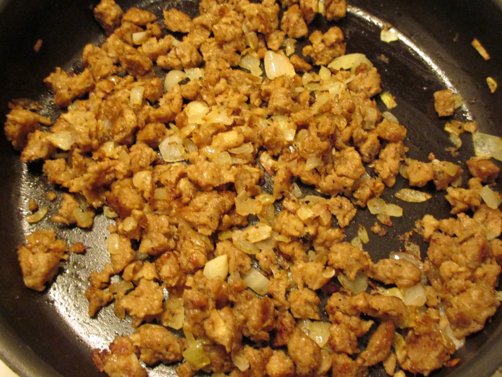 vegan sausage and onions