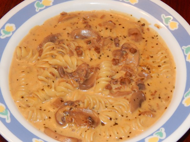 beef strognaoff in flowered bowl