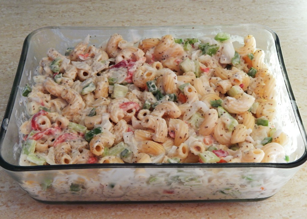 Vegan Macaroni Salad, ready to be chilled