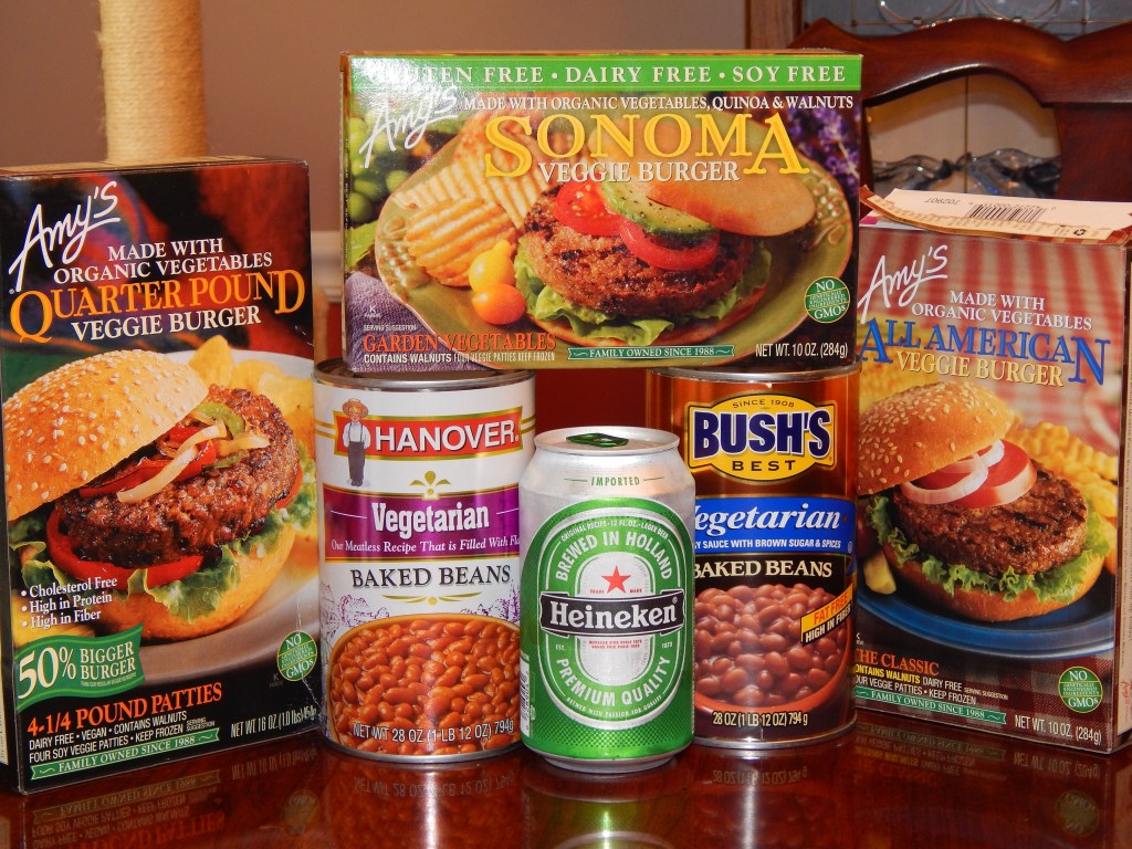 Amy's vegan burgers, vegetarian baked beans, vegan Heineken