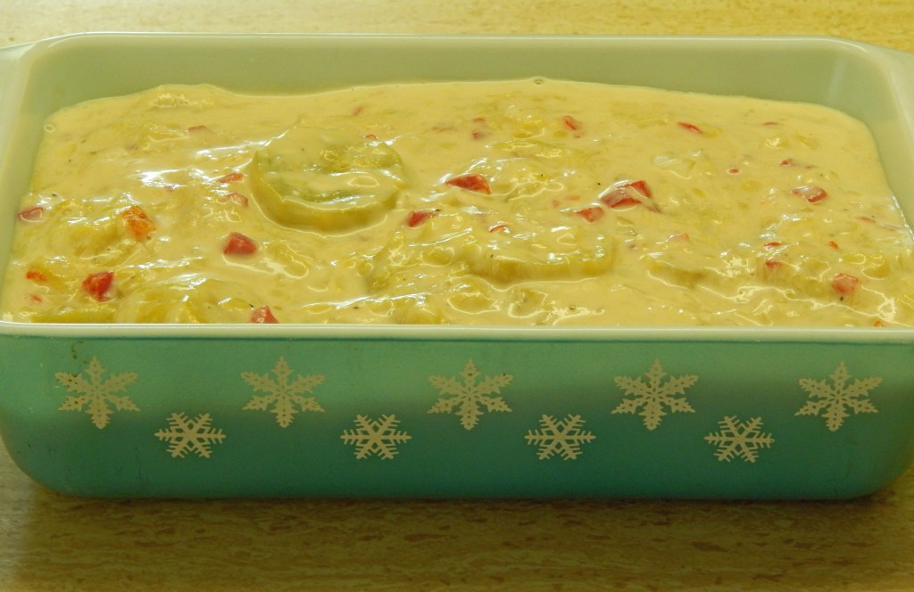 squash casserole in pan