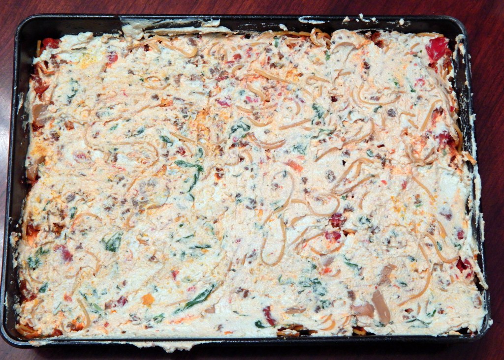 Baked Spaghetti with Basil Ricotta Tofu Topping