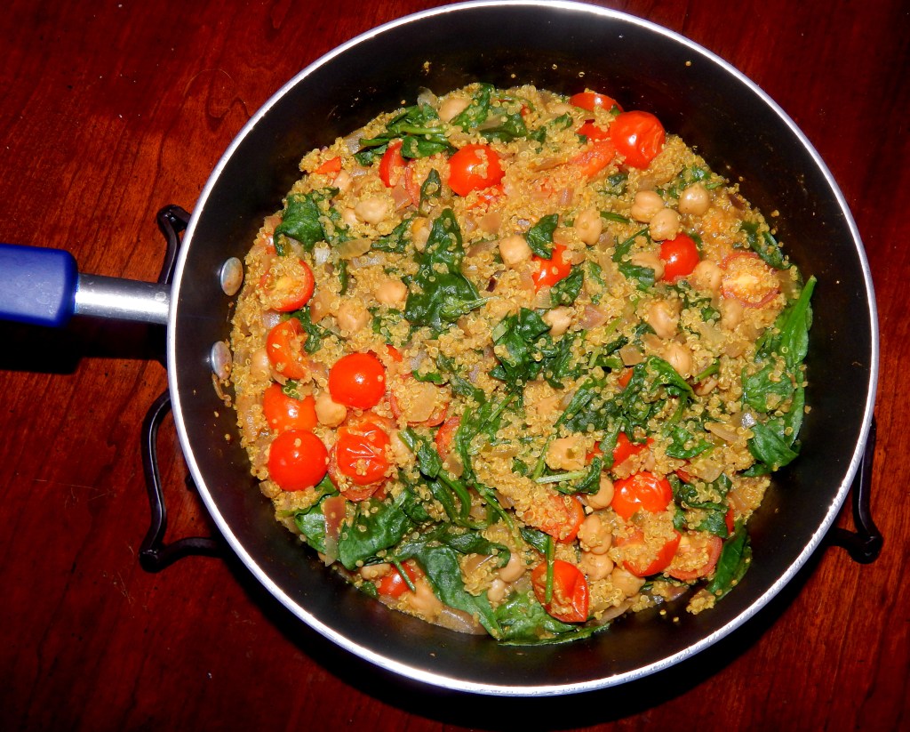 Spicy Indian Quinoa with Chickpeas, Cherry Tomatoes, and Wilted&nbsp;Spinach
