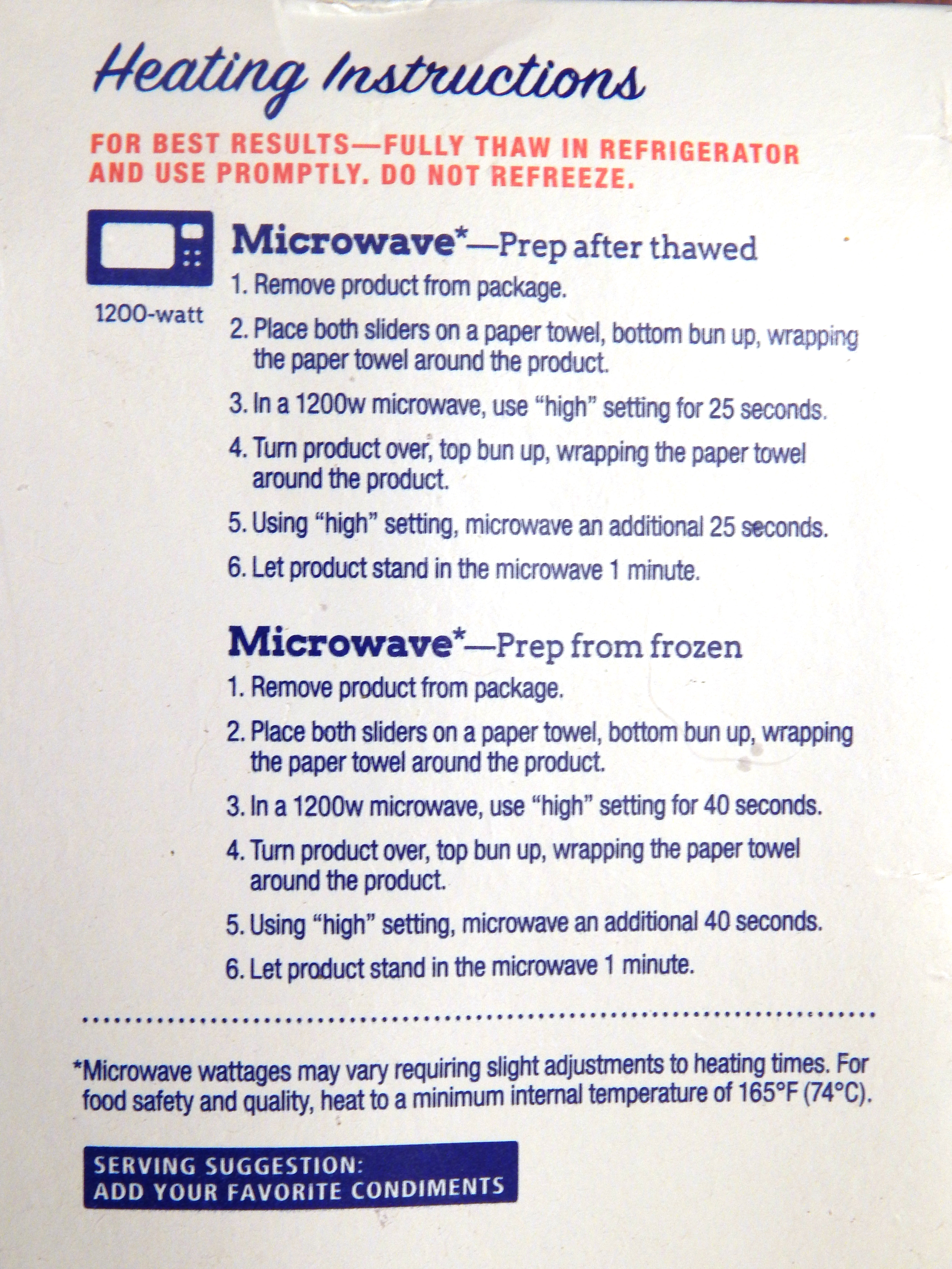 White Castle Slider Heating Instructions
