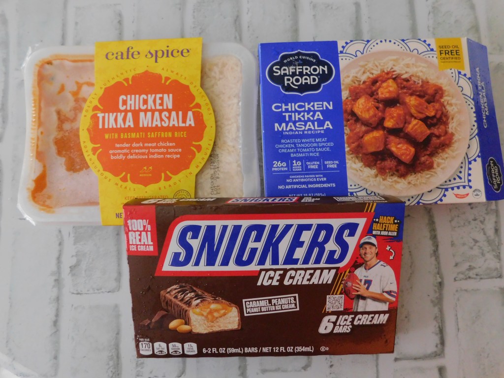 Frozen Chicken Tikka Masala and Snickers Ice Cream Bars